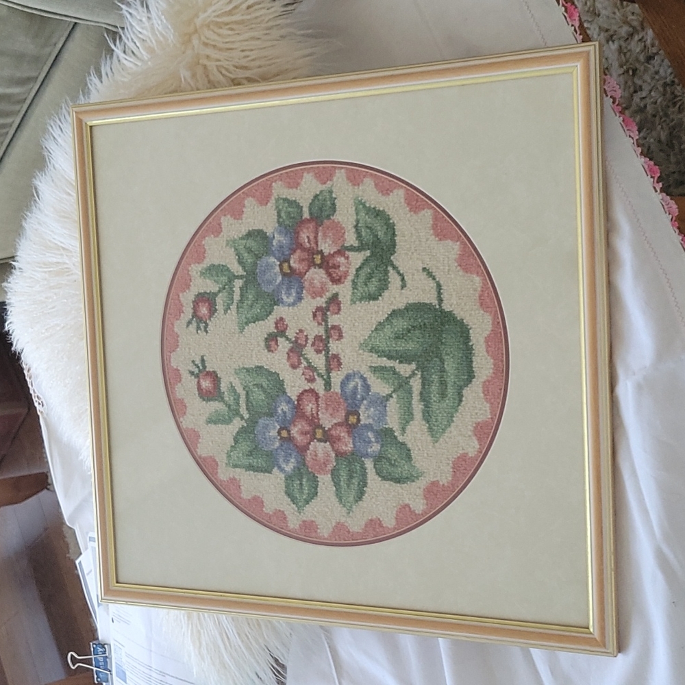 CREWEL WORK Framed Art needlework needlepoint